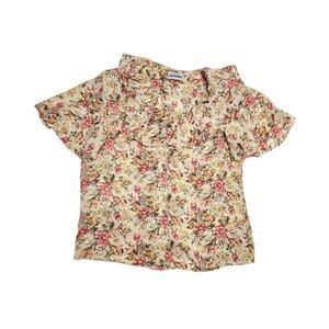 Vintage 90s Floral Button Up Blouse Short-Sleeve Large Pink Yellow Flowy Career